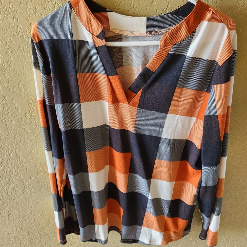 Dokotoo Womens Basic V Neck Plaid Print Cotton Cuffed Long Sleeve, Size XL
